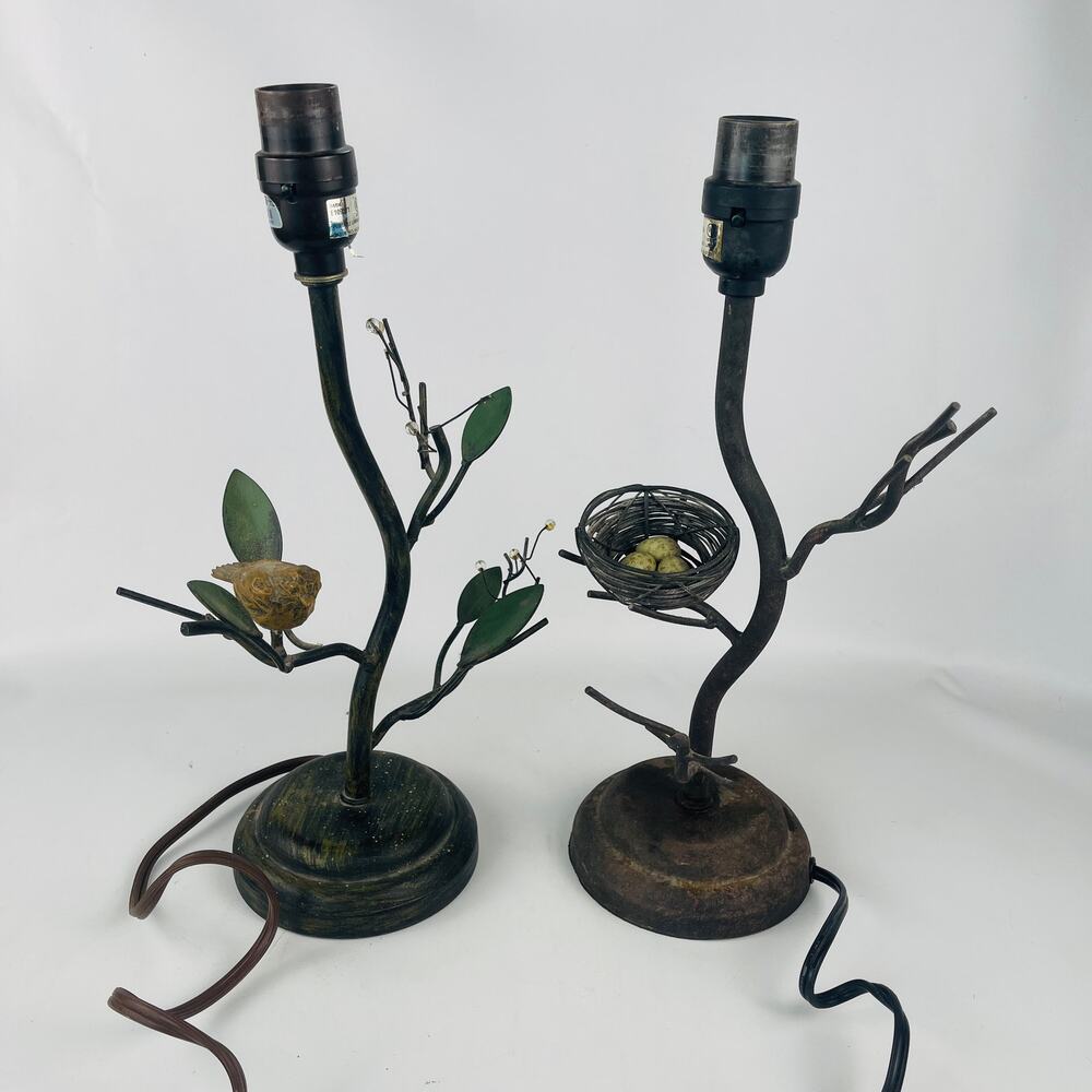 Two Metal Bird Theme Lamps Nest with Eggs - AS IS